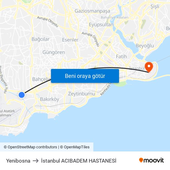 Yenibosna to İstanbul  ACIBADEM HASTANESİ map