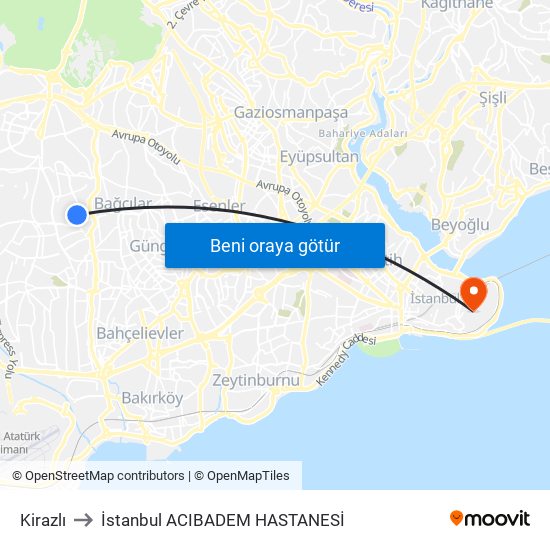 Kirazlı to İstanbul  ACIBADEM HASTANESİ map