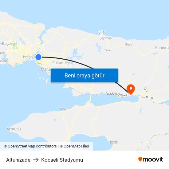 Altunizade to Kocaeli Stadyumu map