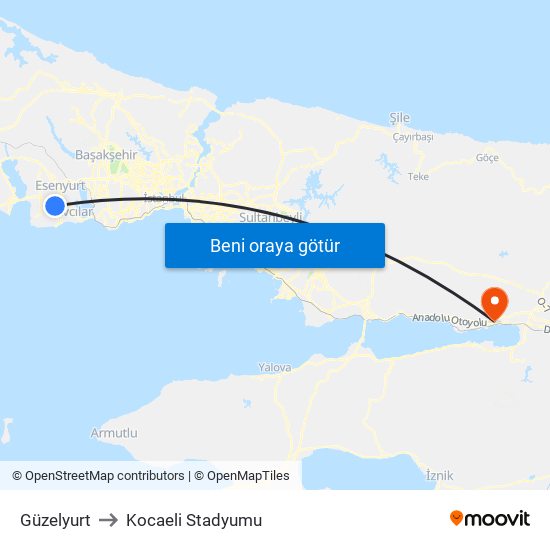 Güzelyurt to Kocaeli Stadyumu map