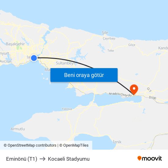 Eminönü (T1) to Kocaeli Stadyumu map