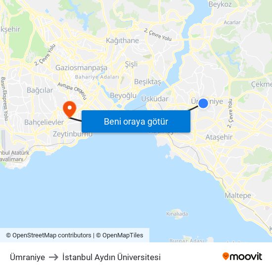 Ümraniye to İstanbul Aydın Üniversitesi map