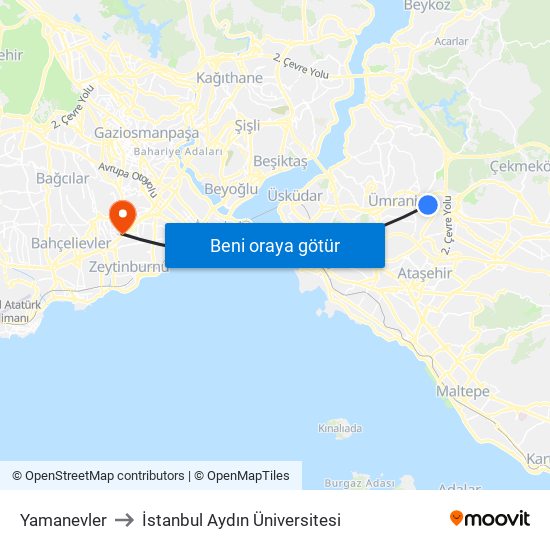 Yamanevler to İstanbul Aydın Üniversitesi map