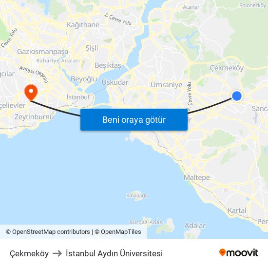 Çekmeköy to İstanbul Aydın Üniversitesi map