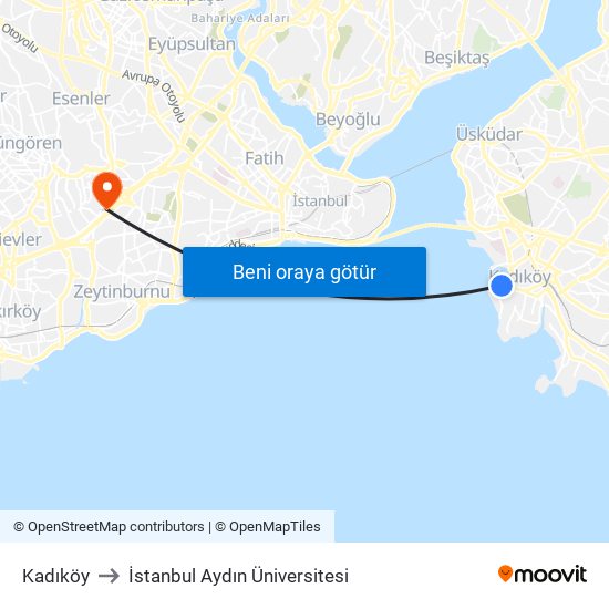 Kadıköy to İstanbul Aydın Üniversitesi map