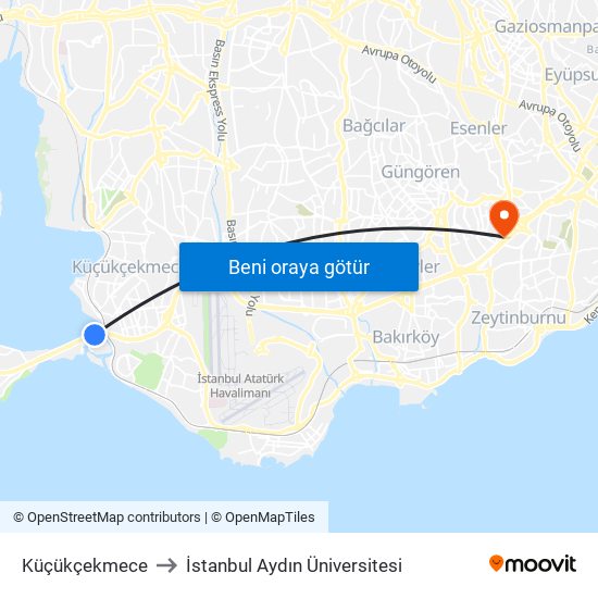 Küçükçekmece to İstanbul Aydın Üniversitesi map