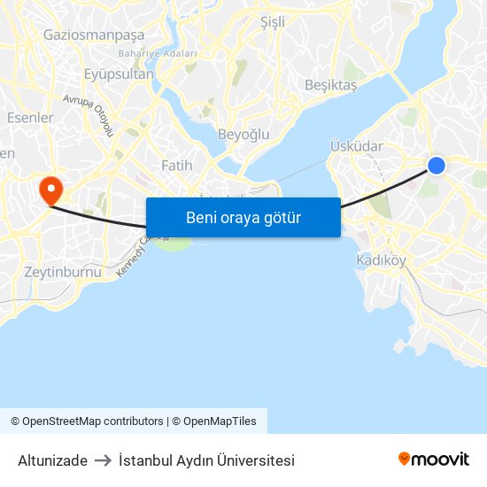 Altunizade to İstanbul Aydın Üniversitesi map