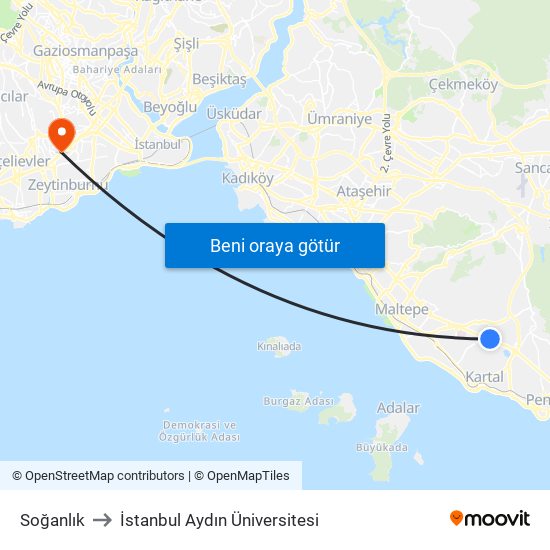 Soğanlık to İstanbul Aydın Üniversitesi map