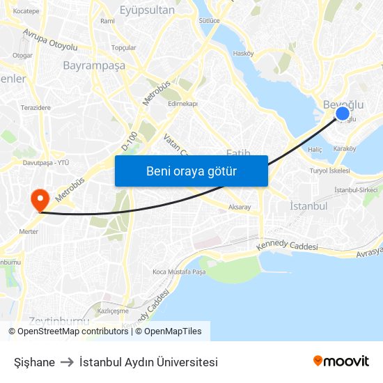 Şişhane to İstanbul Aydın Üniversitesi map