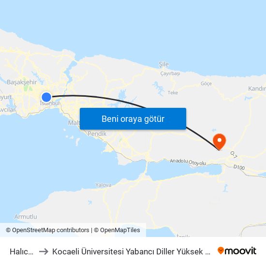 Halıcıoğlu to Kocaeli Üniversitesi Yabancı Diller Yüksek Okulu    - @KOUgoygoy map
