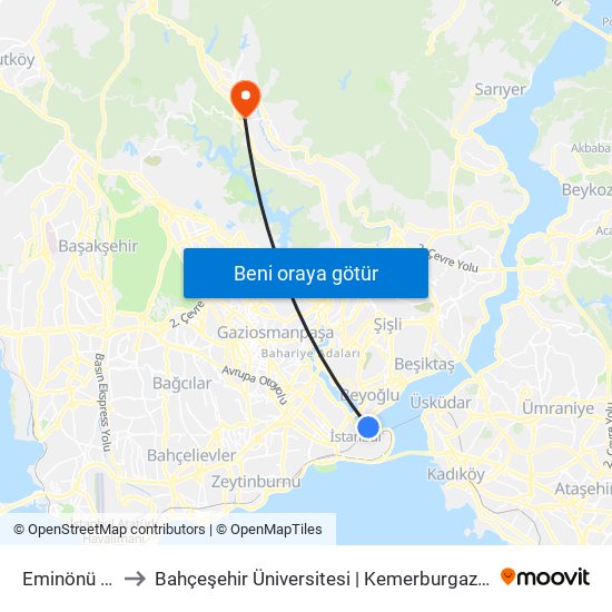 Eminönü (T1) to Bahçeşehir Üniversitesi | Kemerburgaz Kampüsü map
