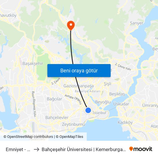 Emniyet - Fatih to Bahçeşehir Üniversitesi | Kemerburgaz Kampüsü map