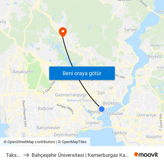 Taksim to Bahçeşehir Üniversitesi | Kemerburgaz Kampüsü map