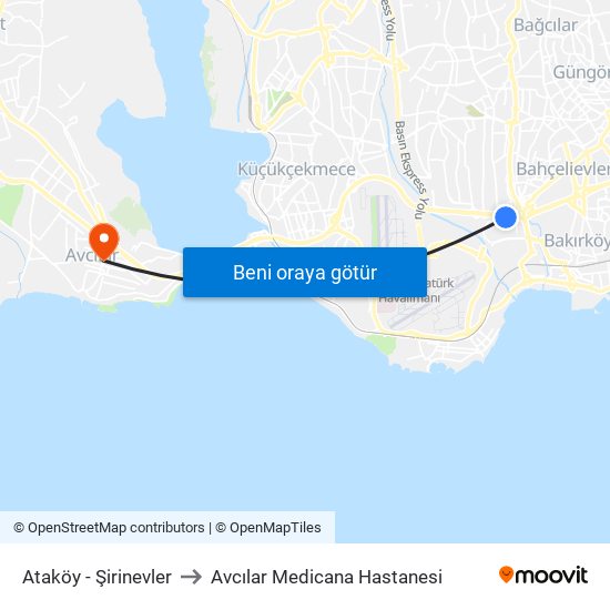 Ataköy - Şirinevler to Avcılar Medicana Hastanesi map