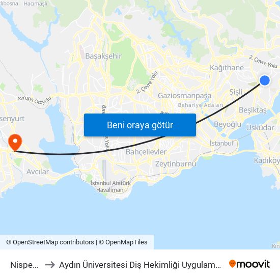 Nispetiye to Aydın Üniversitesi Diş Hekimliği Uygulama Merkezi map