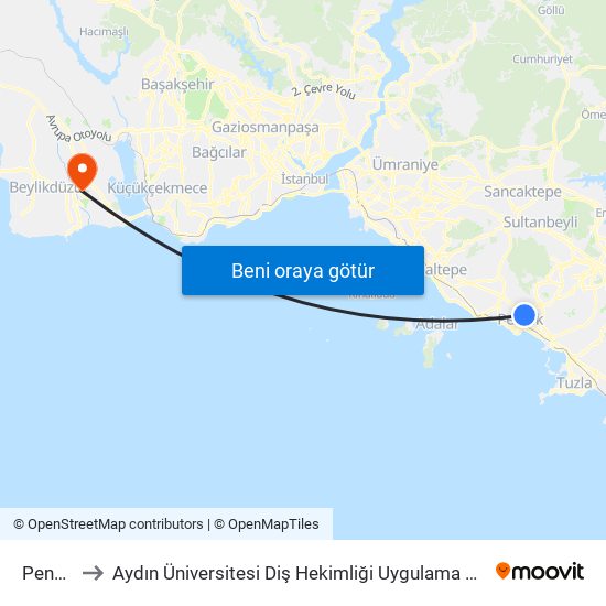 Pendik to Aydın Üniversitesi Diş Hekimliği Uygulama Merkezi map