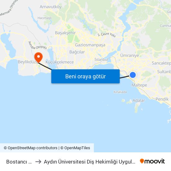 Bostancı (M4) to Aydın Üniversitesi Diş Hekimliği Uygulama Merkezi map