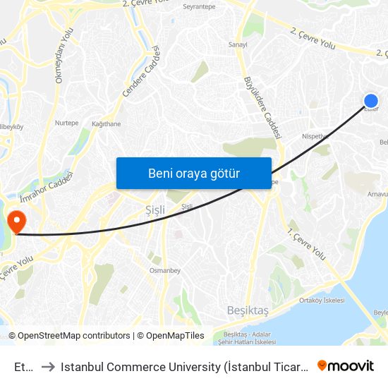 Etiler to Istanbul Commerce University (İstanbul Ticaret Üniversitesi) map
