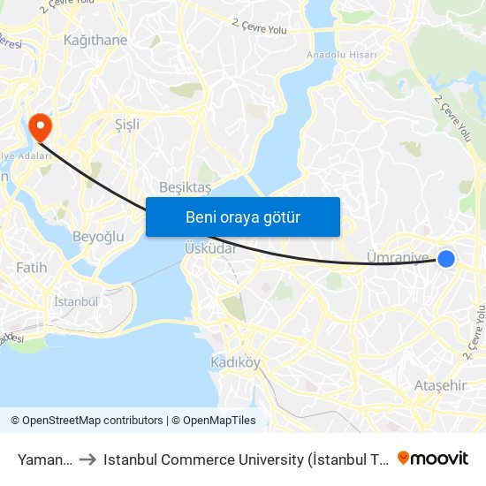 Yamanevler to Istanbul Commerce University (İstanbul Ticaret Üniversitesi) map