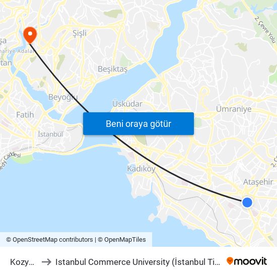 Kozyatağı to Istanbul Commerce University (İstanbul Ticaret Üniversitesi) map