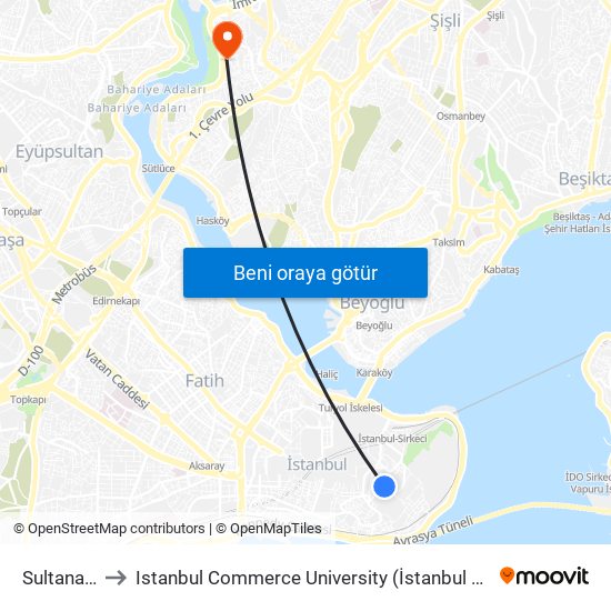 Sultanahmet to Istanbul Commerce University (İstanbul Ticaret Üniversitesi) map