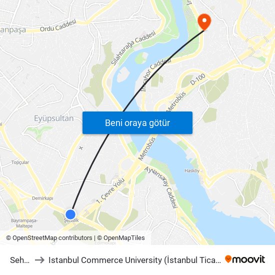 Sehitlik to Istanbul Commerce University (İstanbul Ticaret Üniversitesi) map