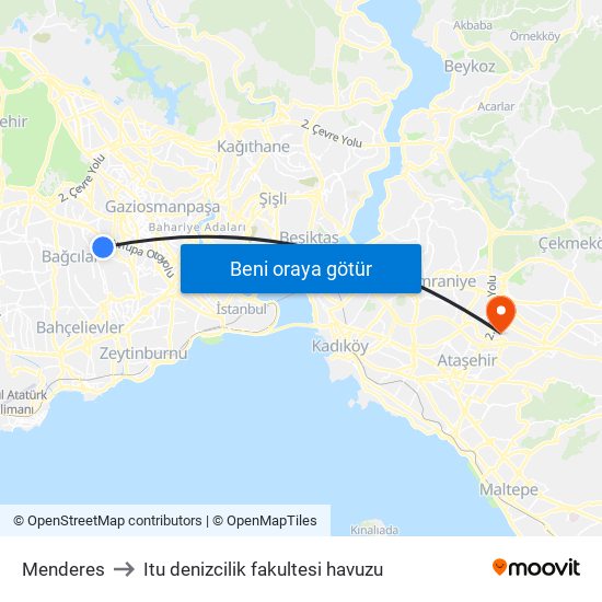 Menderes to Itu denizcilik fakultesi havuzu map