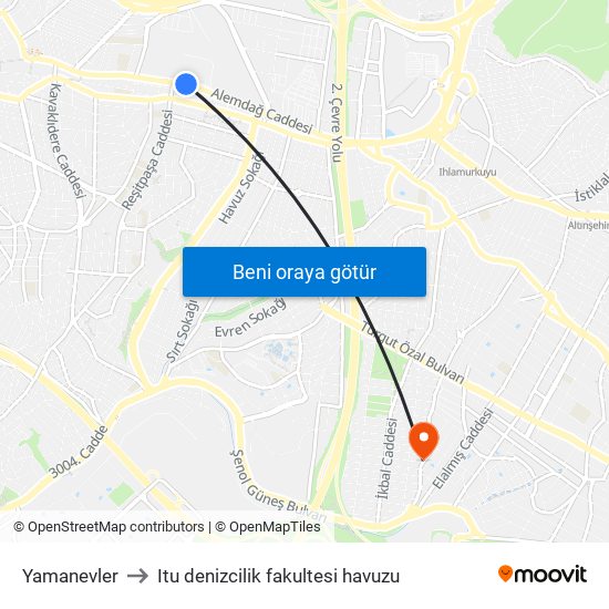 Yamanevler to Itu denizcilik fakultesi havuzu map