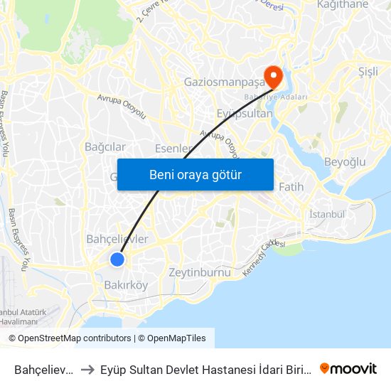 Bahçelievler to Eyüp Sultan Devlet Hastanesi İdari Birimler map