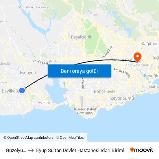 Güzelyurt to Eyüp Sultan Devlet Hastanesi İdari Birimler map