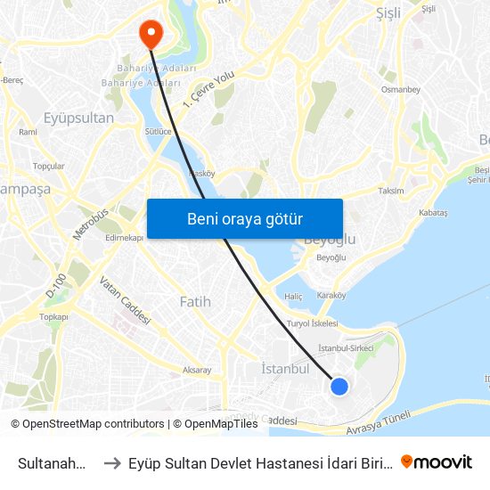 Sultanahmet to Eyüp Sultan Devlet Hastanesi İdari Birimler map