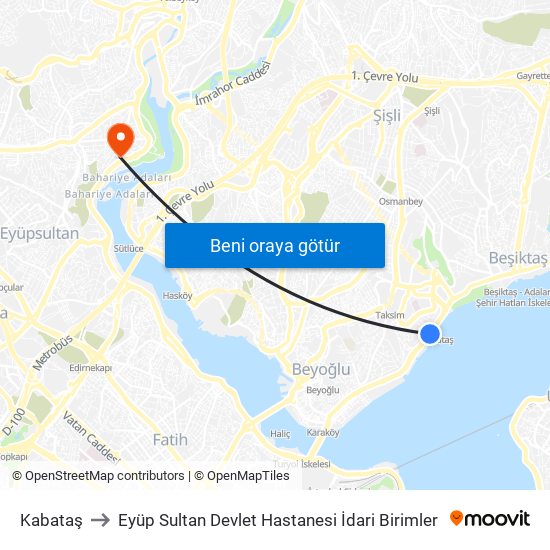 Kabataş to Eyüp Sultan Devlet Hastanesi İdari Birimler map