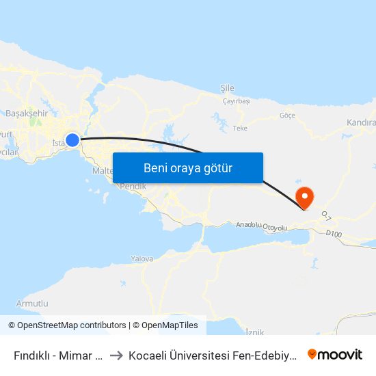 Fındıklı - Mimar Sinan Üniversitesi to Kocaeli Üniversitesi Fen-Edebiyat Fakültesi (A blok) - Matematik map