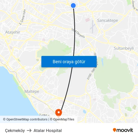 Çekmeköy to Atalar Hospital map