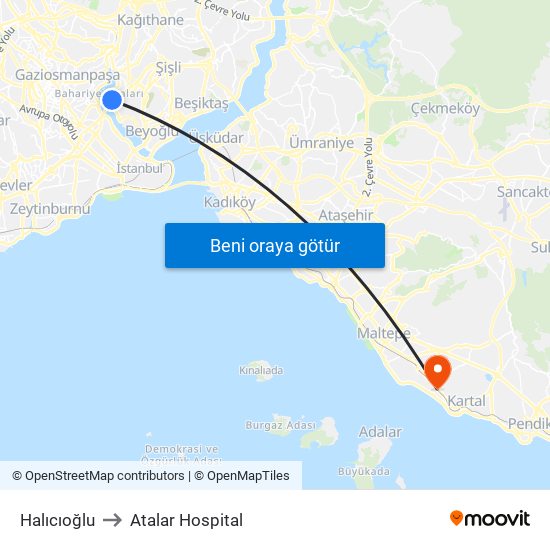 Halıcıoğlu to Atalar Hospital map