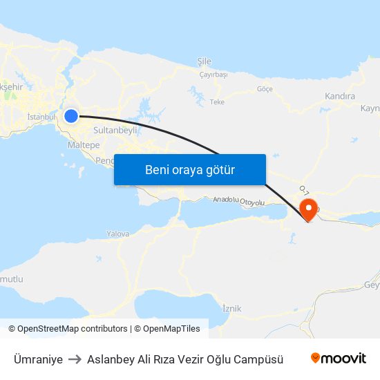 Ümraniye to Aslanbey Ali Rıza Vezir Oğlu Campüsü map