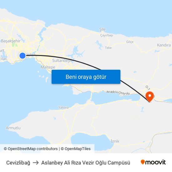 Cevizlibağ to Aslanbey Ali Rıza Vezir Oğlu Campüsü map