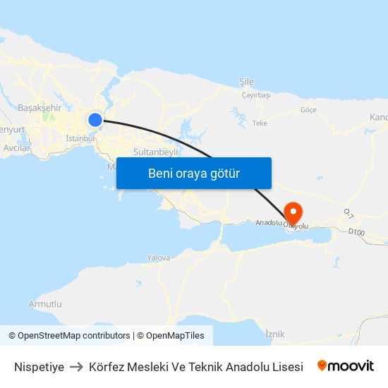 Nispetiye to Körfez Mesleki Ve Teknik Anadolu Lisesi map