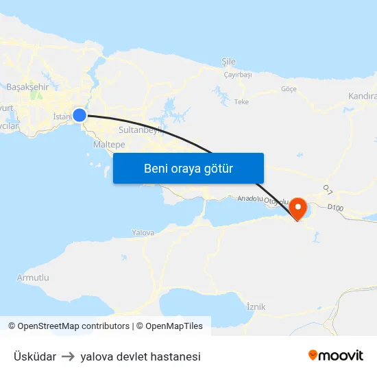 Üsküdar to yalova devlet hastanesi map
