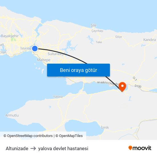 Altunizade to yalova devlet hastanesi map