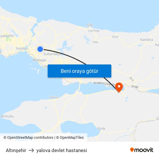 Altınşehir to yalova devlet hastanesi map
