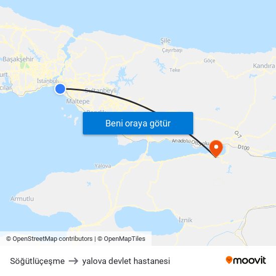 Söğütlüçeşme to yalova devlet hastanesi map