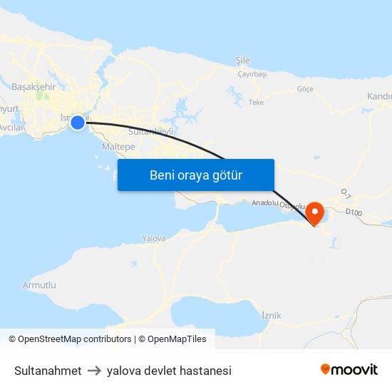 Sultanahmet to yalova devlet hastanesi map