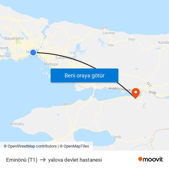 Eminönü (T1) to yalova devlet hastanesi map