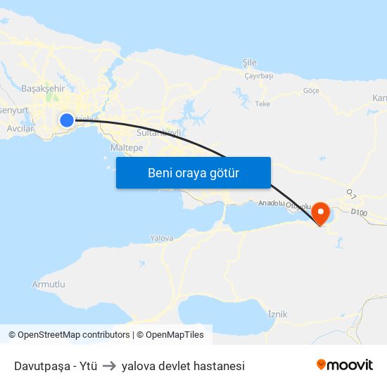 Davutpaşa - Ytü to yalova devlet hastanesi map