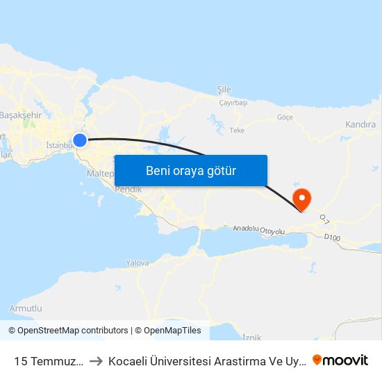 15 Temmuz Şehitler Köprüsü to Kocaeli Üniversitesi Arastirma Ve Uygulama Hastanesi Genel Cerrahi Yoğun Bakim map