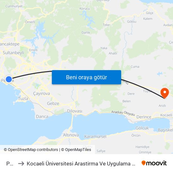 Pendik to Kocaeli Üniversitesi Arastirma Ve Uygulama Hastanesi Genel Cerrahi Yoğun Bakim map