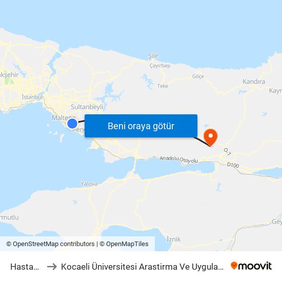 Hastane - Adliye to Kocaeli Üniversitesi Arastirma Ve Uygulama Hastanesi Genel Cerrahi Yoğun Bakim map
