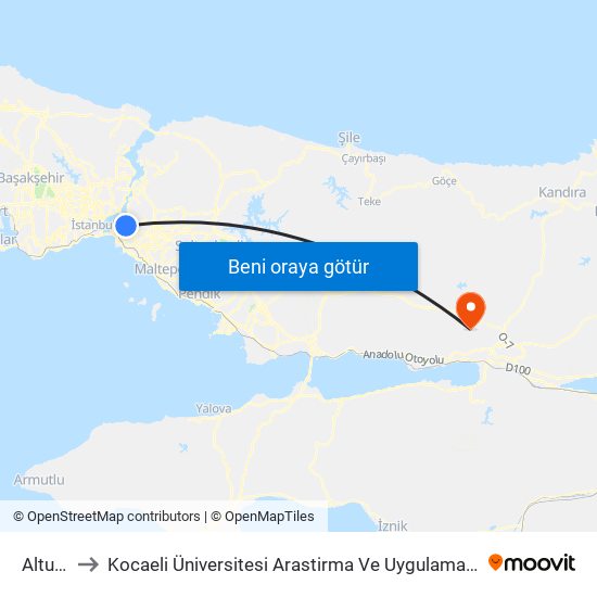 Altunizade to Kocaeli Üniversitesi Arastirma Ve Uygulama Hastanesi Genel Cerrahi Yoğun Bakim map