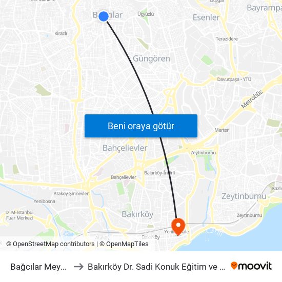 Bağcılar Meydan (M1b) to Bakırköy Dr. Sadi Konuk Eğitim ve Araştırma Hastanesi map